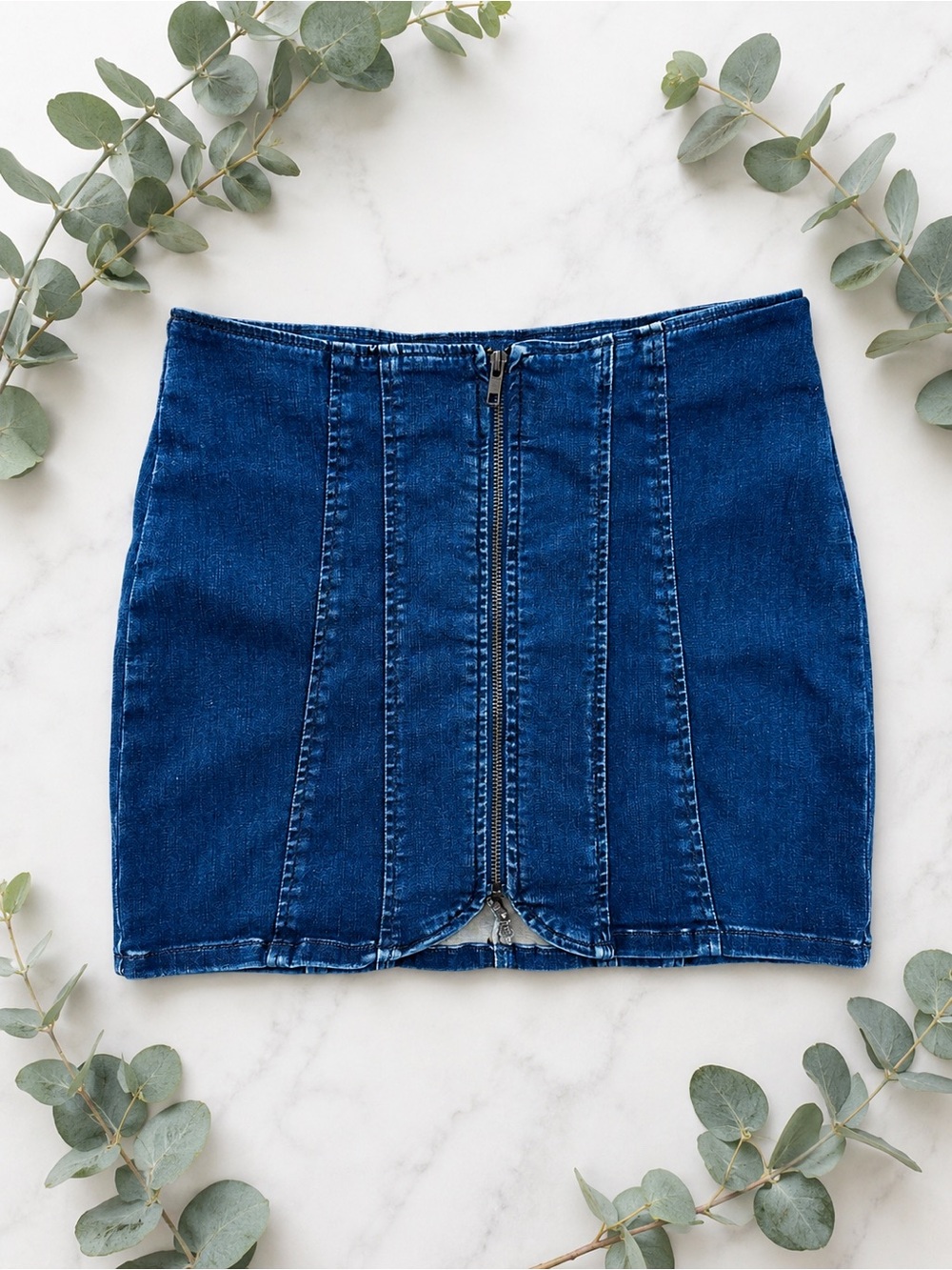 We The Free Dark Blue Denim Zip-Front Mini Skirt